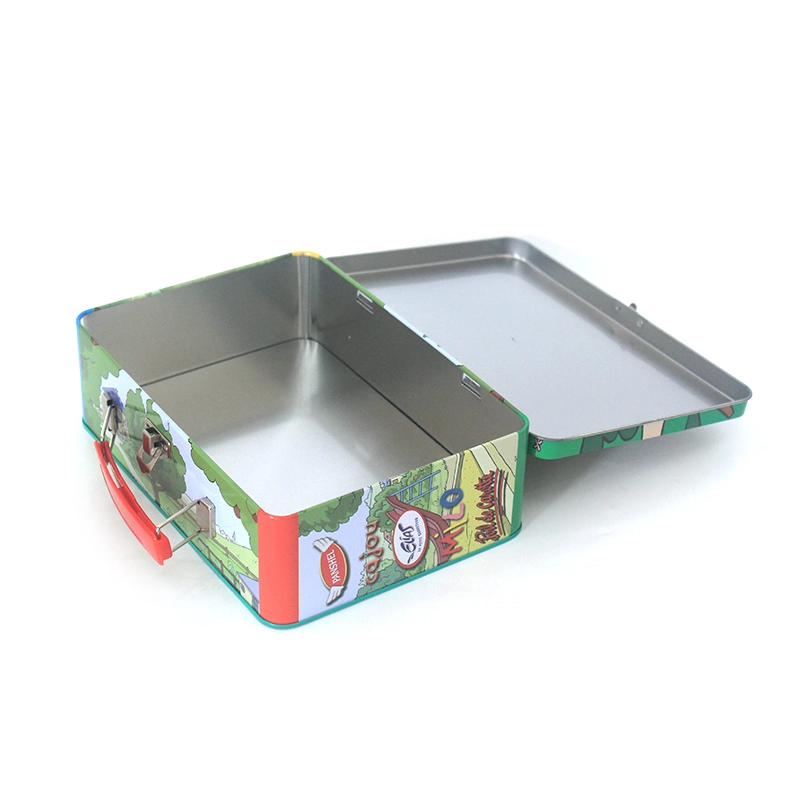 Small Rectangular Hinged Lid Metal Stationery Cosmetics Tin Case Beautiful Lunch Tin Box with Handle for Children